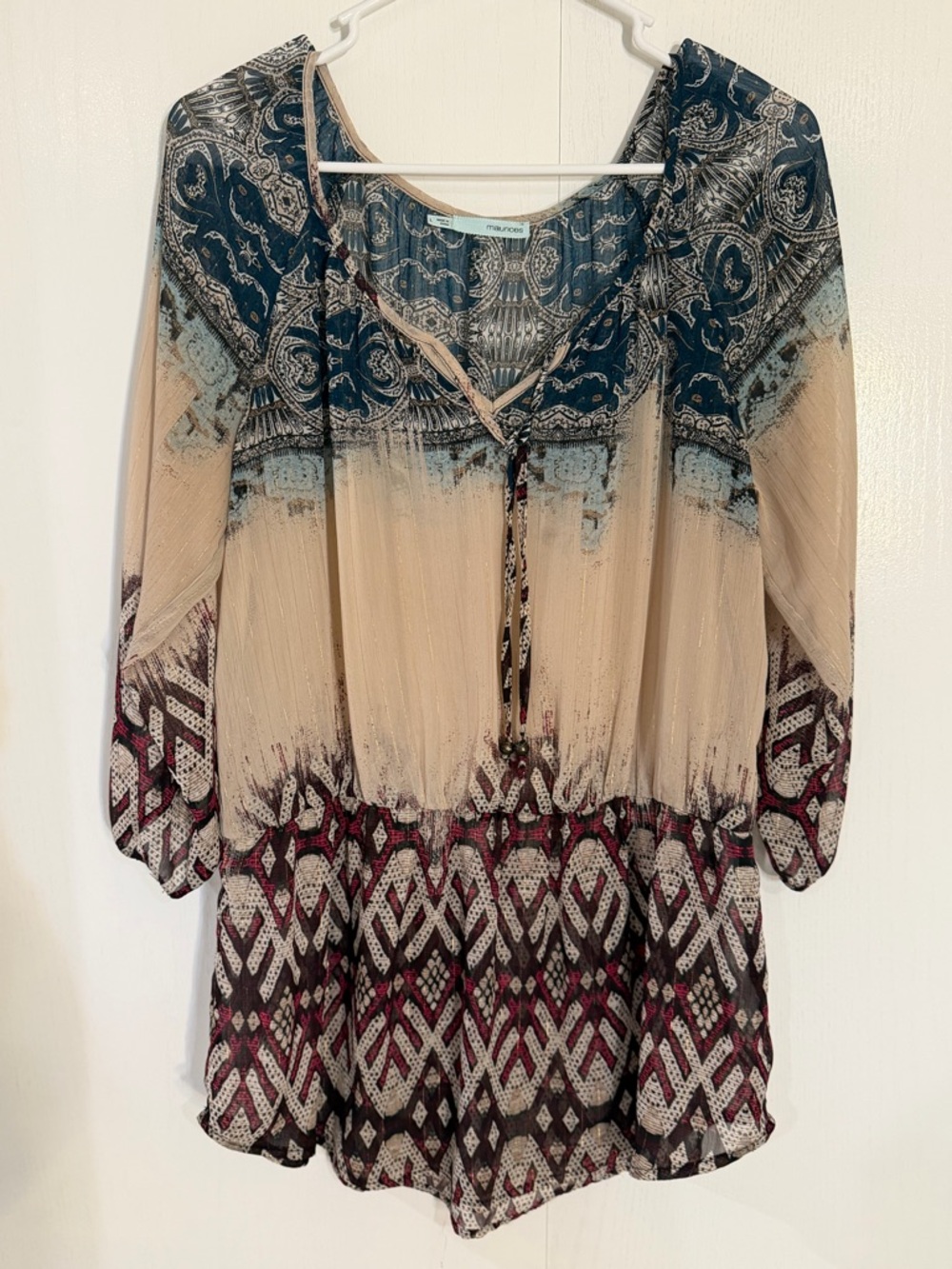 Maurices Beige Tunic with Navy and Burgundy Pattern